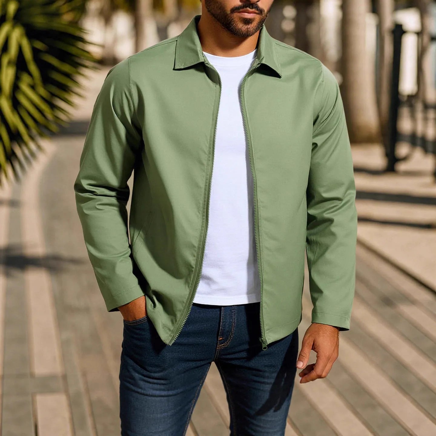 Men's green zipper cardigan jacket with raglan sleeves laid flat.