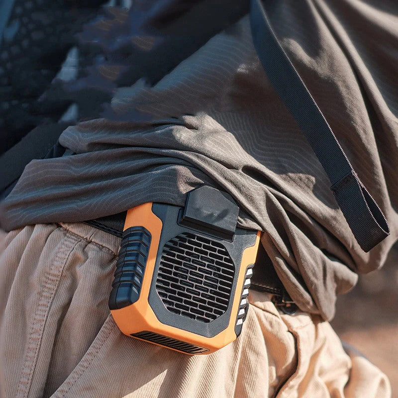 Portable waist fan with USB charging in green, black, and orange colors