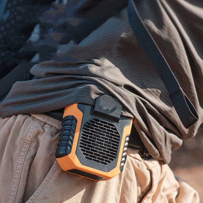 Portable waist fan with USB charging in green, black, and orange colors
