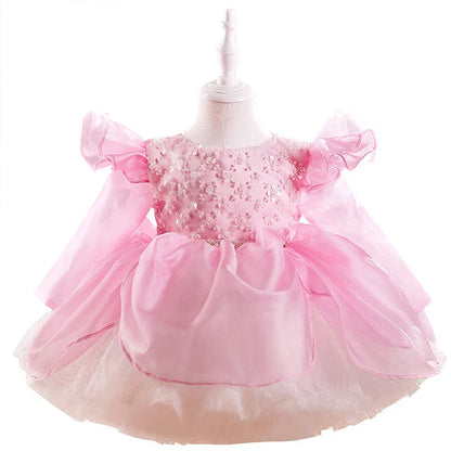 Children's pink flounced sleeve pettiskirt dress with princess styling for birthday parties