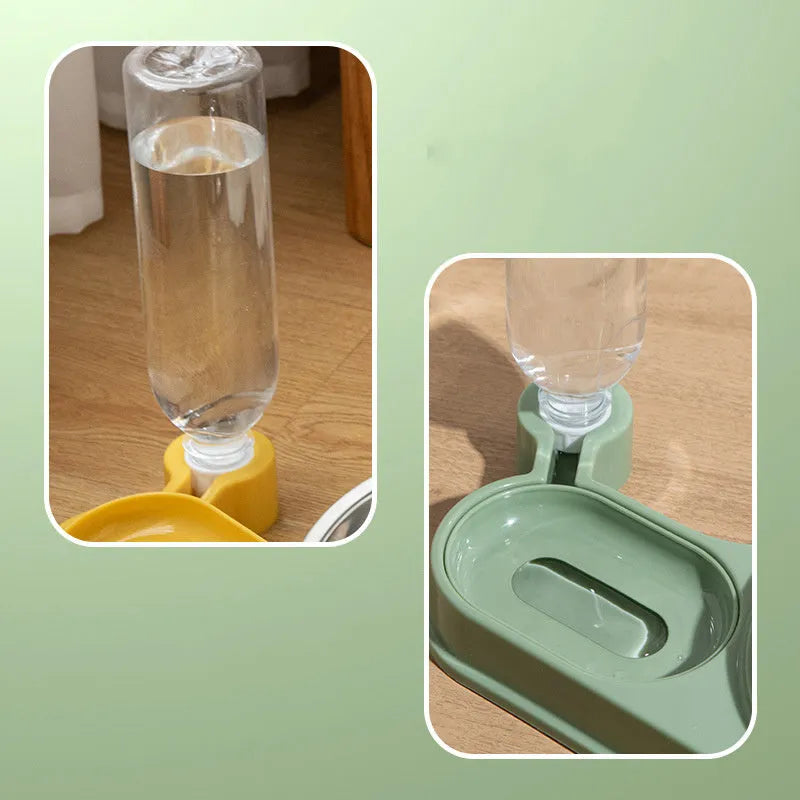 Brown elevated pet feeder with food bowl and integrated 1-litre water bottle for cats and small dogs
