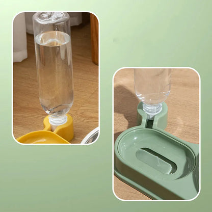 Brown elevated automatic water and food bowl set for cats and small dogs on a wooden floor.