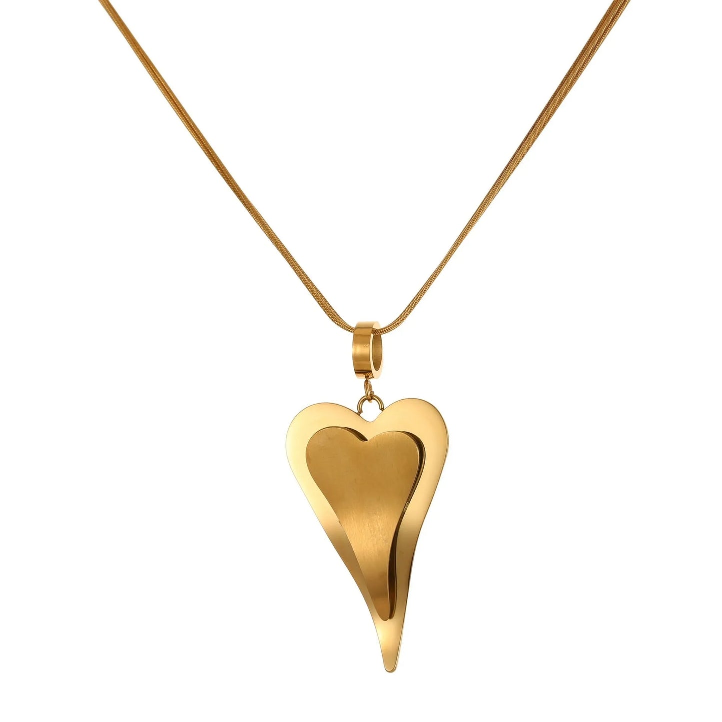 Women's stainless steel double heart necklace with snake bones chain, 18K electroplated in gold or steel finish