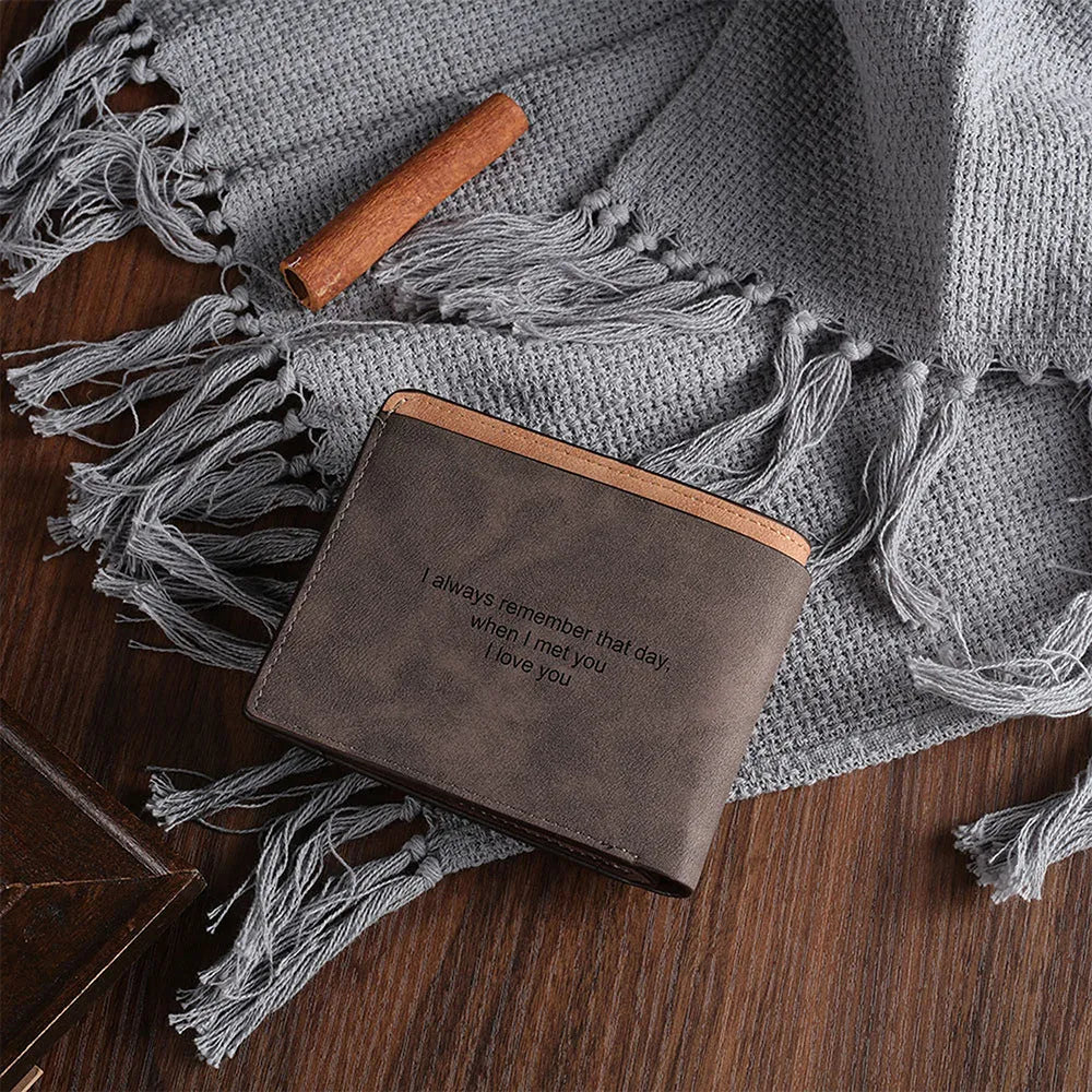 Coffee coloured engraved horizontal short wallet with photo personalisation, showing 120x99x25mm dimensions and 7-slot design