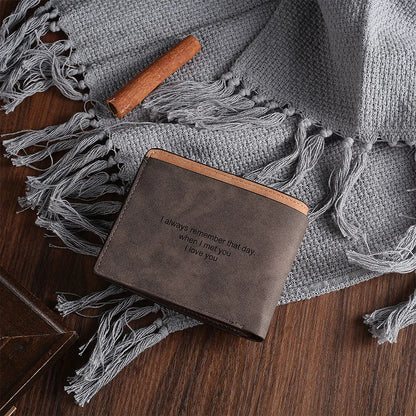 Coffee coloured engraved horizontal short wallet with photo personalisation, showing 120x99x25mm dimensions and 7-slot design