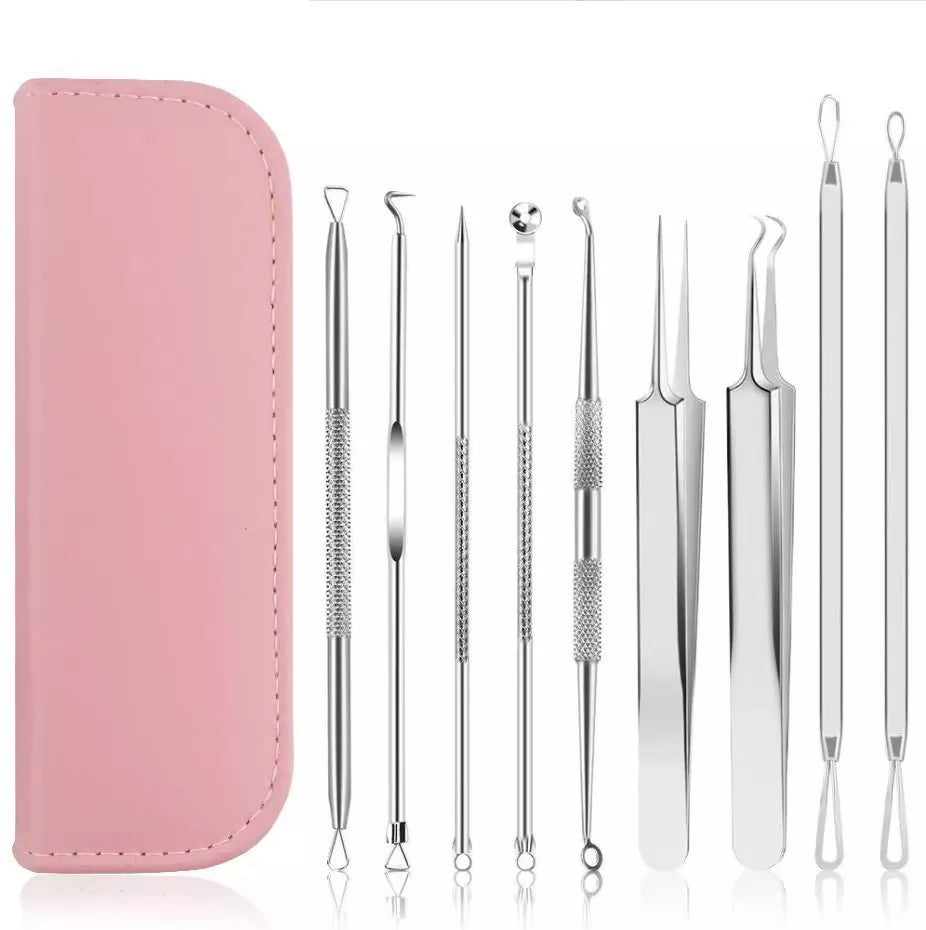 Stainless steel blackhead remover 9-piece set with leather case