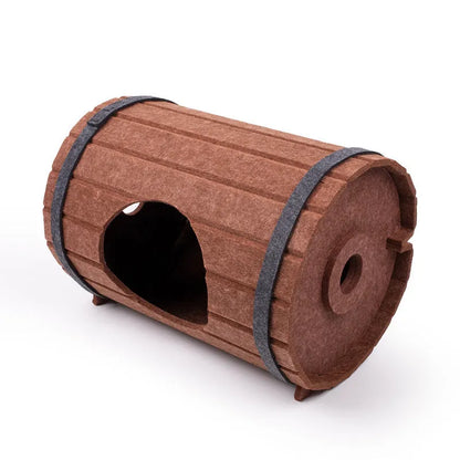 Assembled brown polyester fibre felt wine barrel cat bed for pets