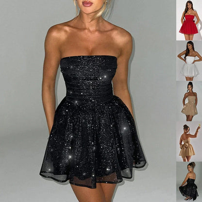 Black tube top lace dress with back bow-knot detail for summer fashion