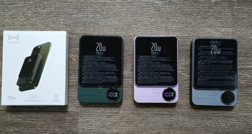 MagSafe magnetic wireless power bank in Cangling Green for iPhone 14, showing aluminium alloy case.