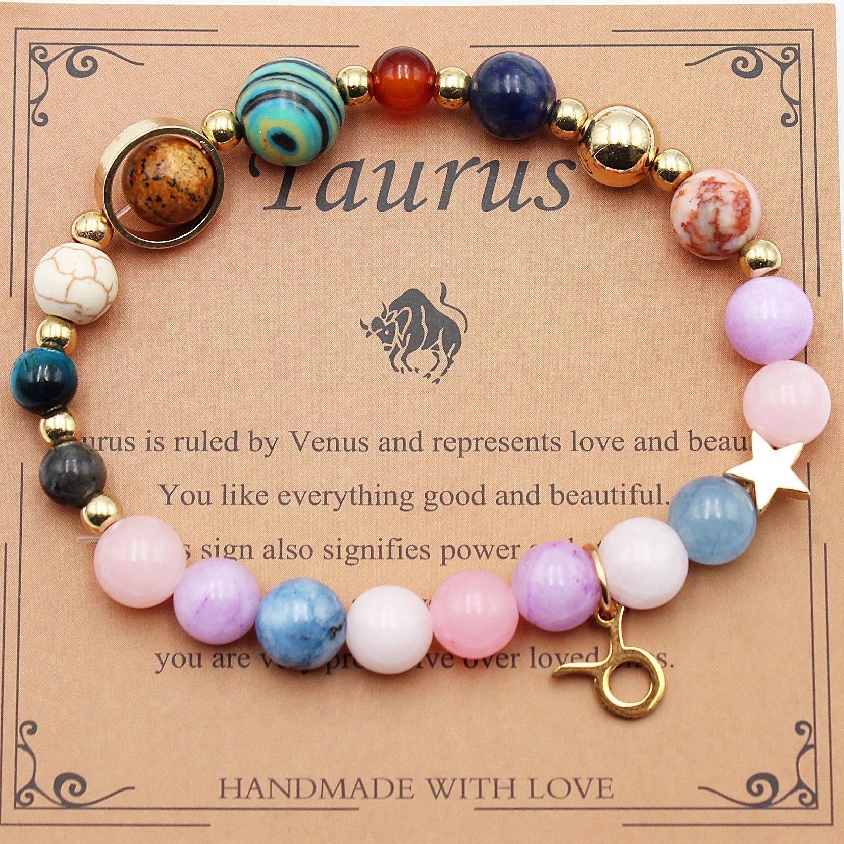 12 Constellation Morgan Stone Beaded Bracelet featuring detailed zodiac signs on 19mm beads