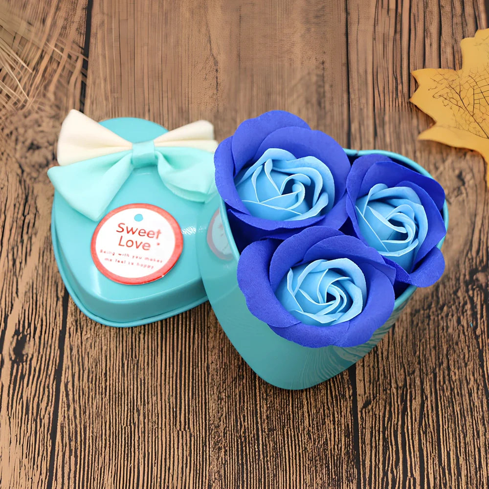 Handmade soap flower gift box in red heart-shaped tin with three blooms and bear, 12x12x5 cm for Valentine's Day