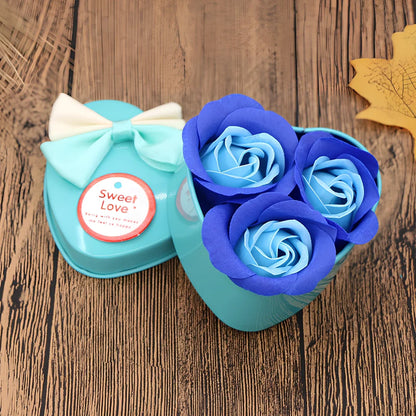 Handmade soap flower gift box in red heart-shaped tin with three blooms and bear, 12x12x5 cm for Valentine's Day