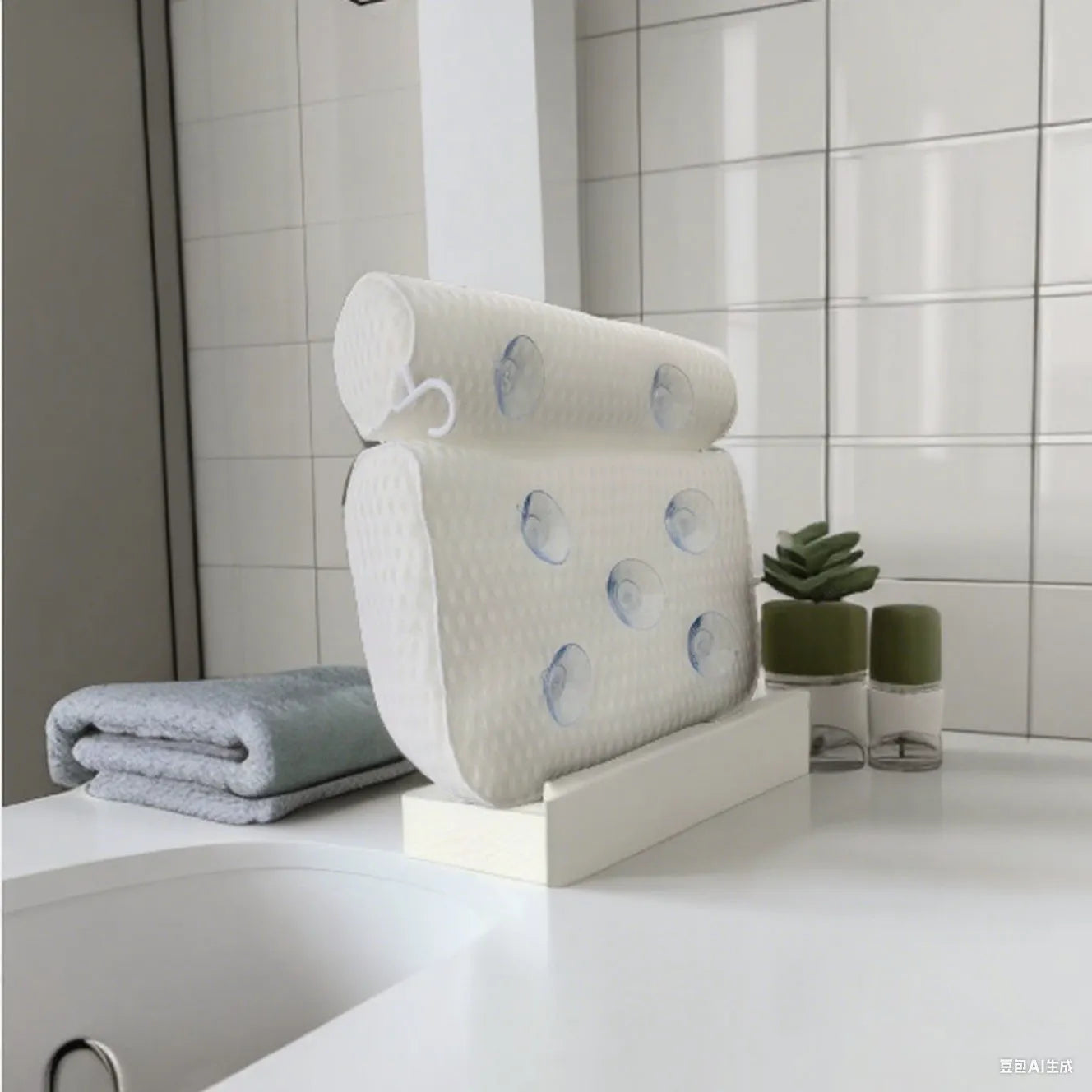 White bathtub pillow with 7 suction cups and 4D mesh design, measuring 37x34x10cm, on a bathtub
