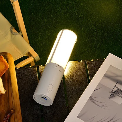 Folding camping light shown in expanded and collapsed positions with USB charging cable