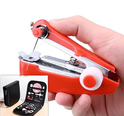 Small blue hand-held manual sewing machine showing stainless steel components and compact 11cm design