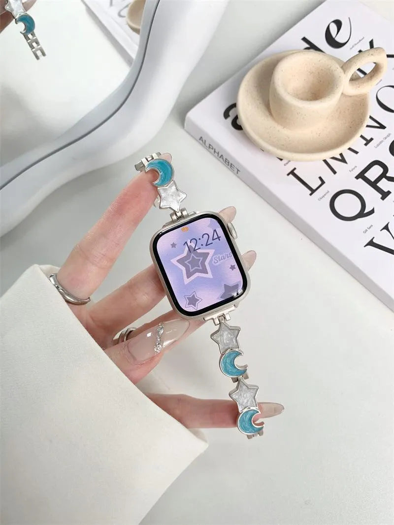 Metal chain Apple Watch strap with snap button, shown in star and moon colour options and two size ranges