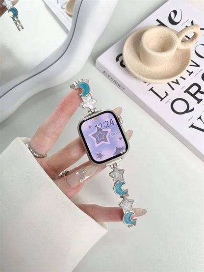 Metal chain Apple Watch strap with snap button, shown in star and moon colour options and two size ranges