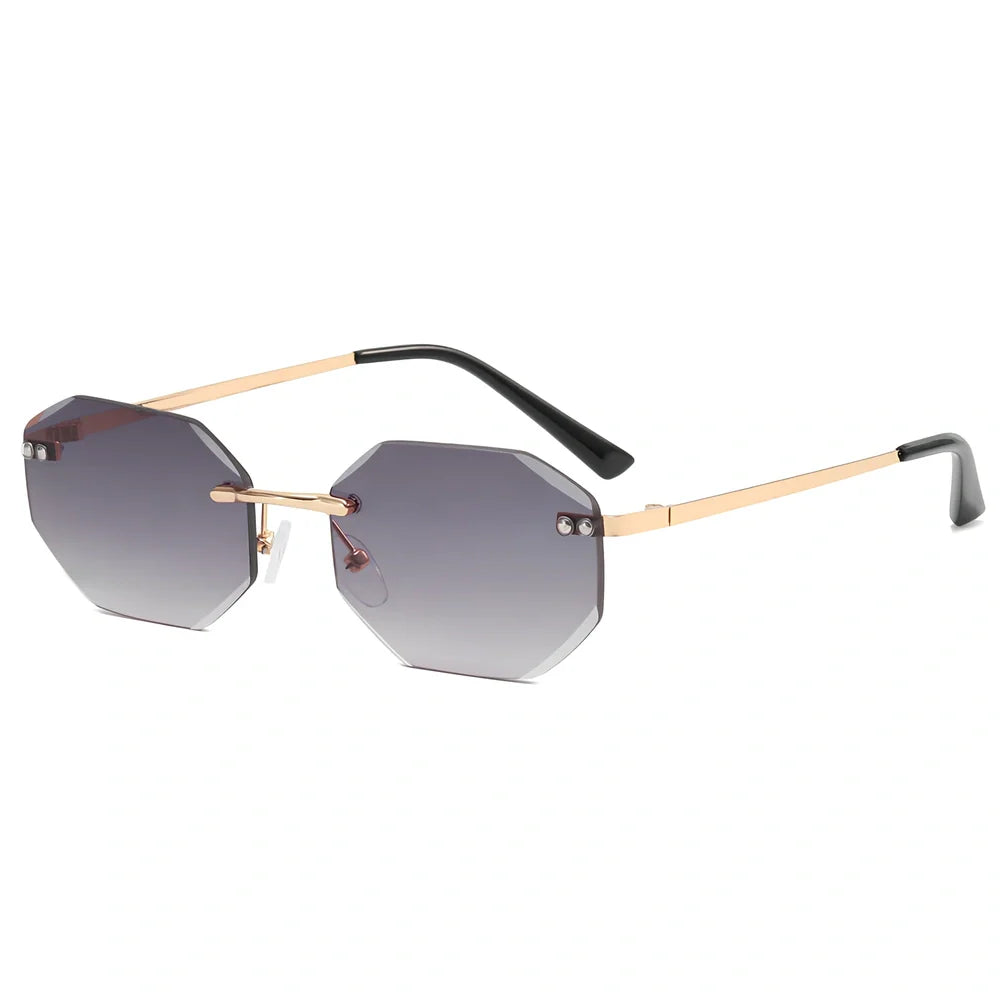 Frameless polygon glasses with geometric pattern lenses and gold frame in multiple colour options