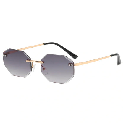 Frameless polygon glasses with geometric pattern lenses and gold frame in multiple colour options