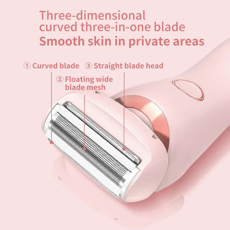 Cordless women's electric shaver with specialized square foil head and hypoallergenic blades for smooth, hair-free skin