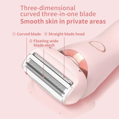 Cordless women's electric shaver with specialized square foil head and hypoallergenic blades for smooth, hair-free skin
