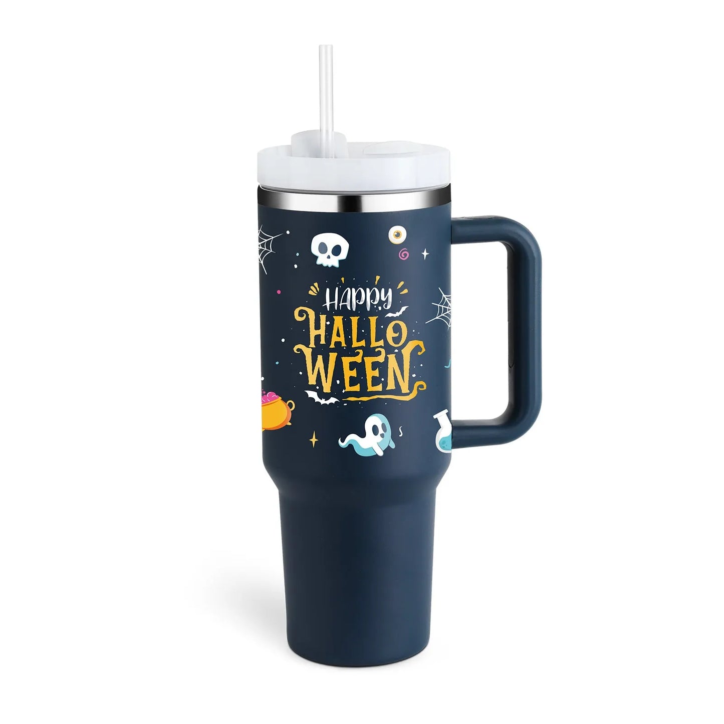 40 oz stainless steel insulated tumbler with handle and straw in tapered mug design