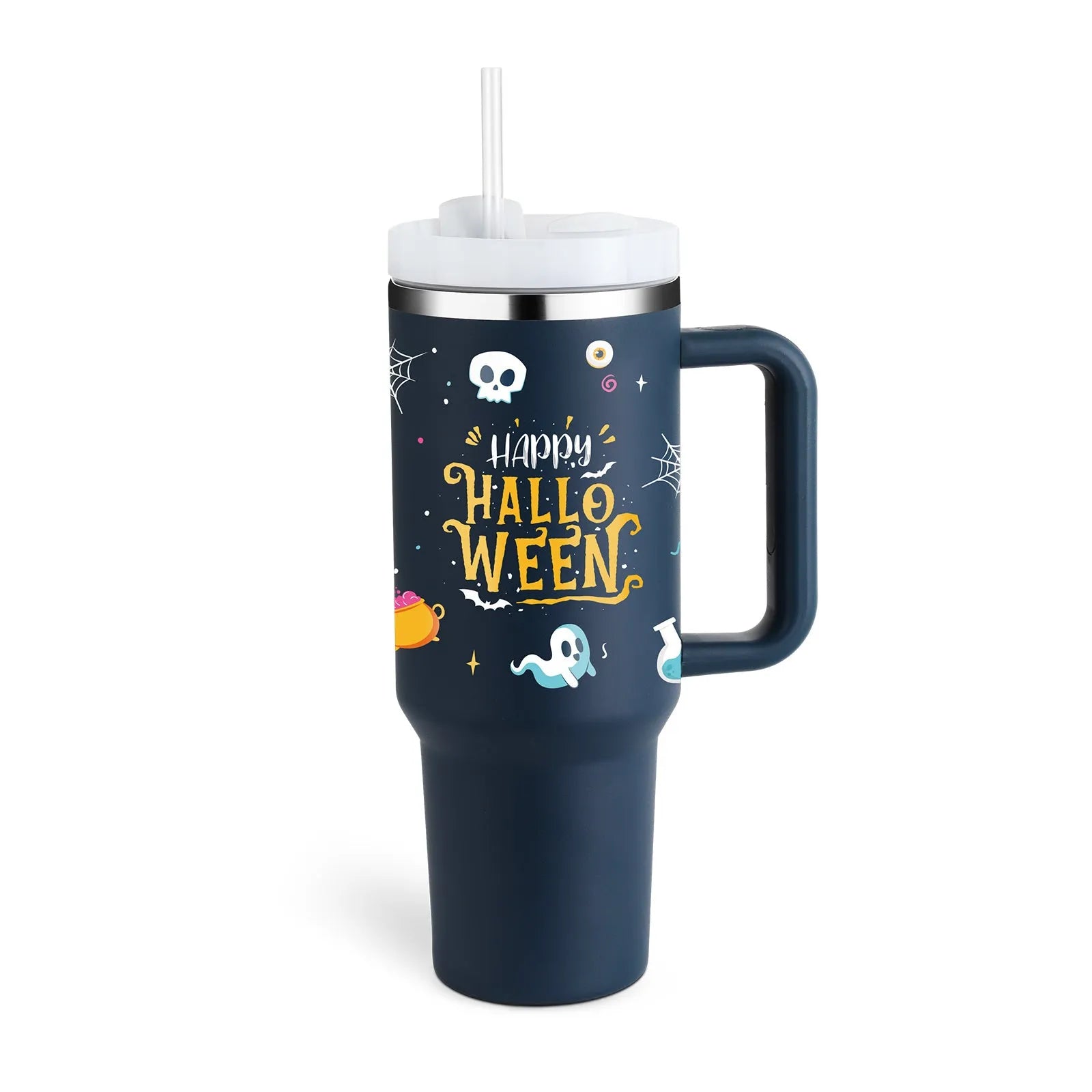 40 oz stainless steel insulated tumbler with handle and straw in tapered mug design