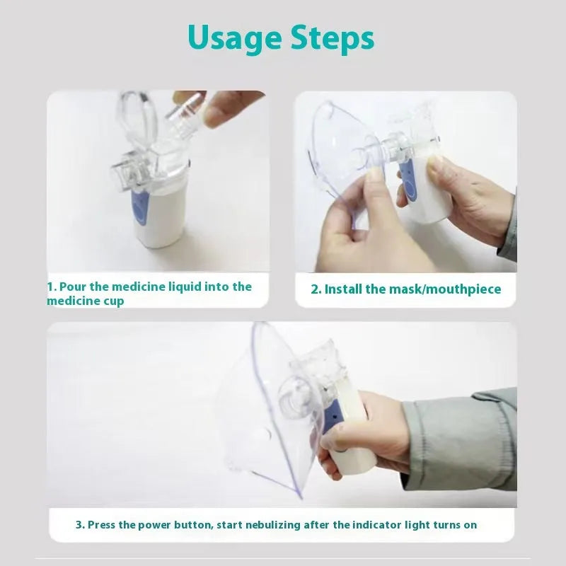 A white columnar handheld USB nebuliser spray machine with a single mist outlet on a table.