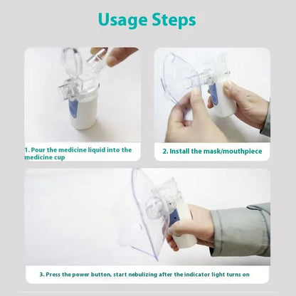 A white columnar handheld USB nebuliser spray machine with a single mist outlet on a table.