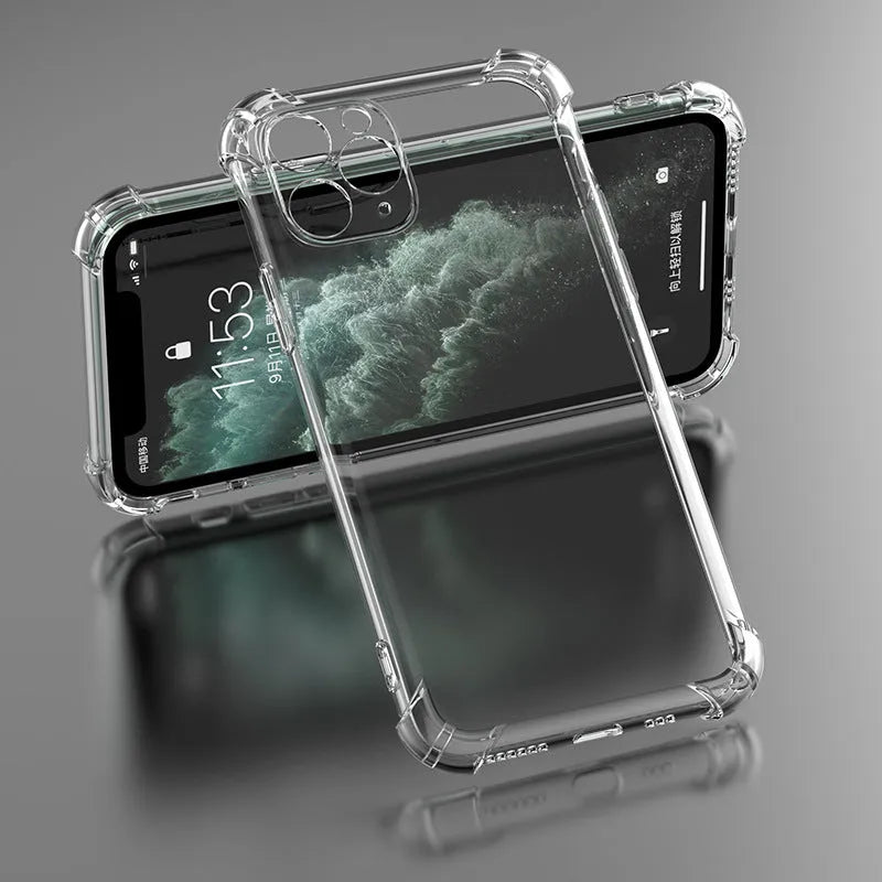 Clear shockproof case for Apple iPhone showing 2mm raised bezel and 1.5mm air cushion corners on a transparent TPU cover