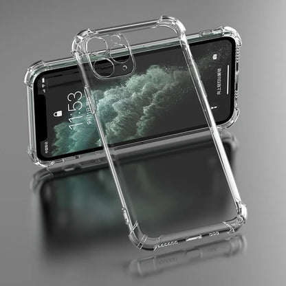 Clear shockproof case for Apple iPhone showing 2mm raised bezel and 1.5mm air cushion corners on a transparent TPU cover