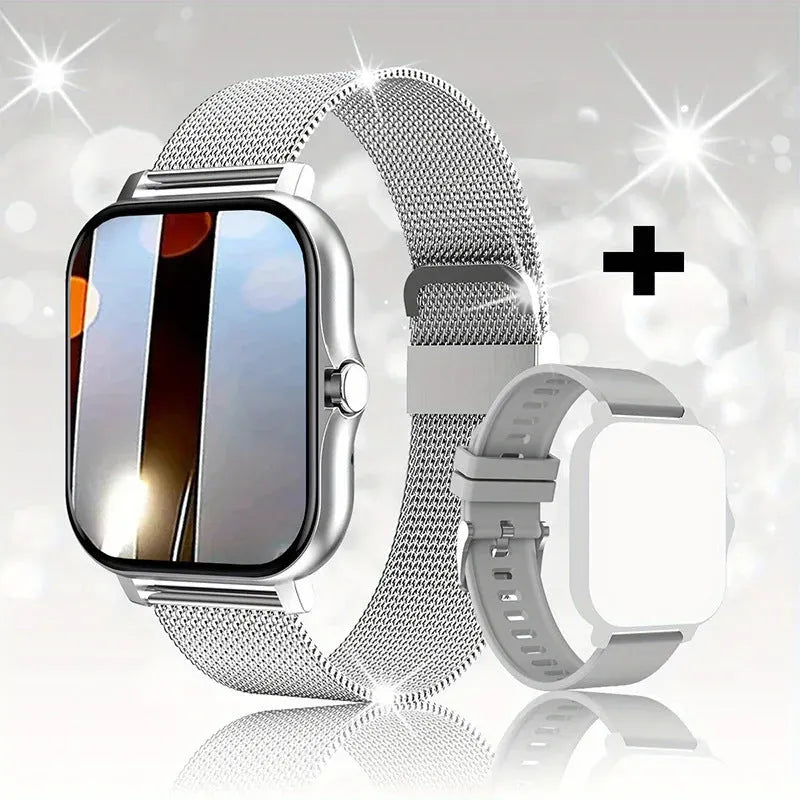 Smart watch with 144-inch touchscreen displaying health metrics, silicone strap, waterproof design for daily activity tracking