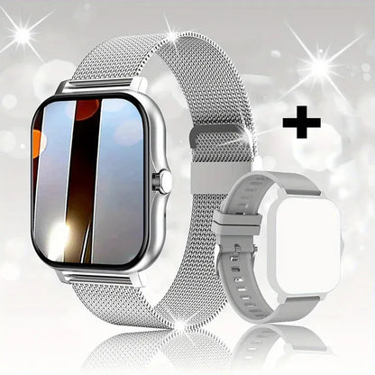 Smart watch with 144-inch touchscreen displaying health metrics, silicone strap, waterproof design for daily activity tracking
