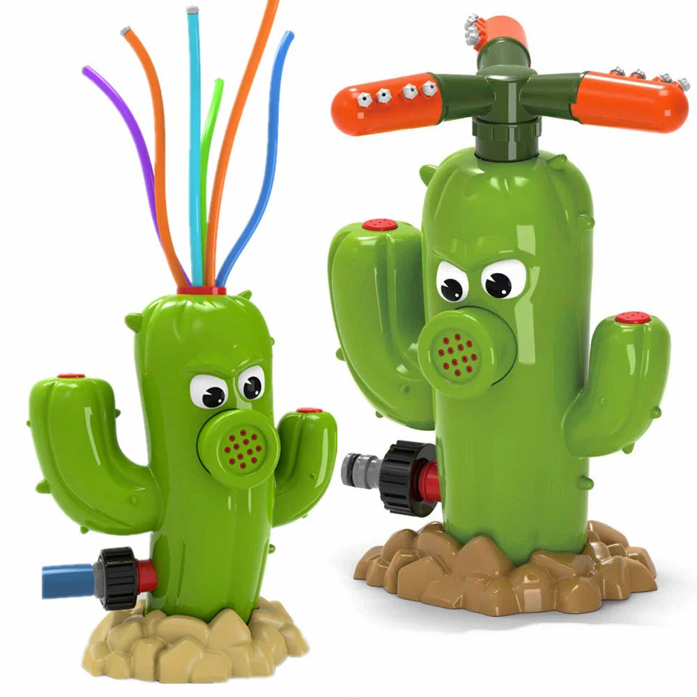 Colorful outdoor water sprinkler toy with cactus-shaped design for kids to enjoy in the backyard