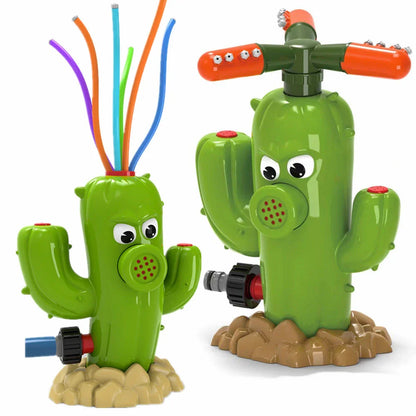 Colorful outdoor water sprinkler toy with cactus-shaped design for kids to enjoy in the backyard