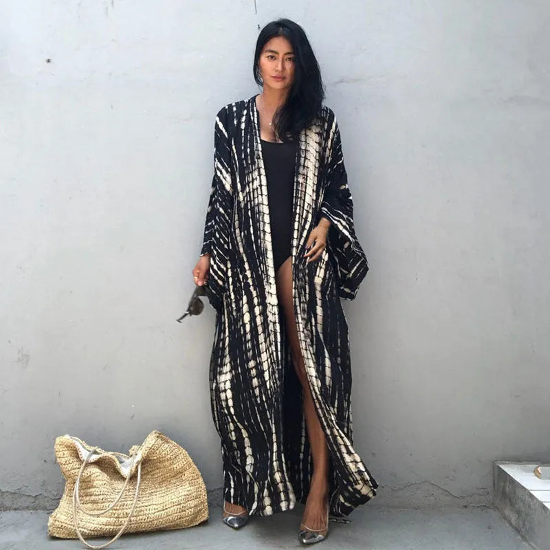 Printed cotton beach cover-up shirt in DN0712 series colours showing loose fit and 135cm length for sun protection