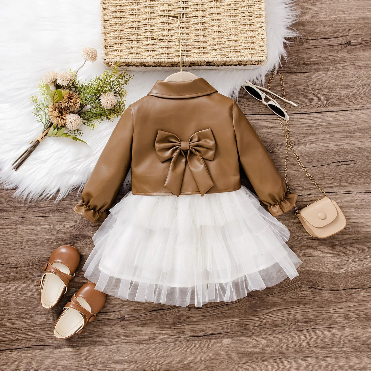 Korean-style children's two-piece set with cotton coat and dress in brown or black, long sleeves, sizes 6-9M to 2-3Y