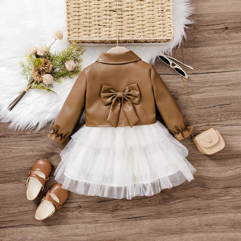 Korean-Style Children's Two-Piece Set in Cotton with Long Sleeves, Brown or Black, Sizes 6-9M to 2-3Y, Includes Coat and Dress for Baby and Toddler Everyday Wear