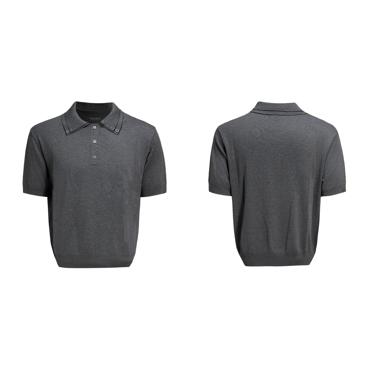 Men's black double collar polyester short sleeve shirt with loose fit and slim knit construction