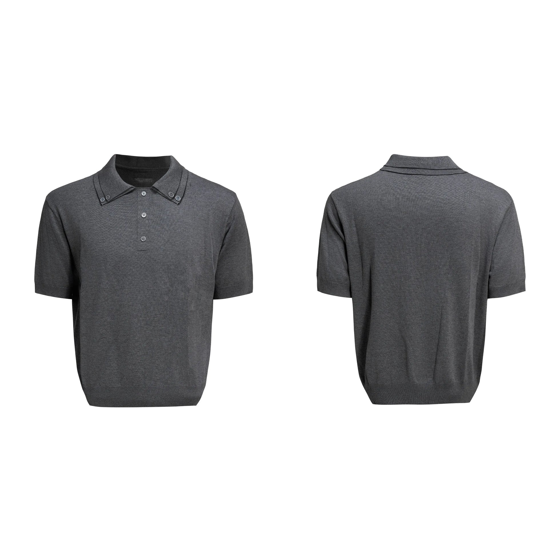Men's black double collar polyester short sleeve shirt with loose fit and slim knit construction