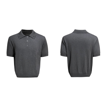 Men's black double collar polyester short sleeve shirt with loose fit and slim knit construction