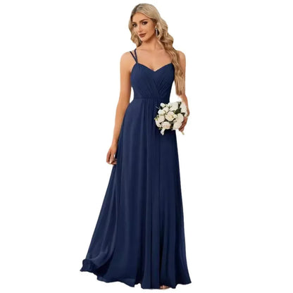 Women's sleeveless long dress with sling neckline and pleated A-line skirt in a solid colour.