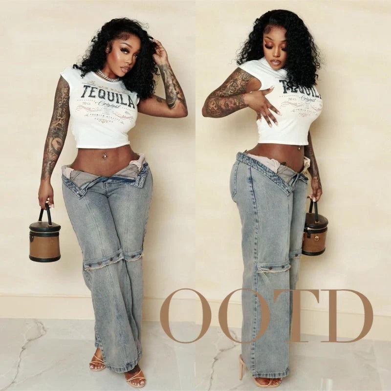 Stylish Y2K-inspired wide-leg denim jeans for women in a relaxed, comfortable fit and classic blue color