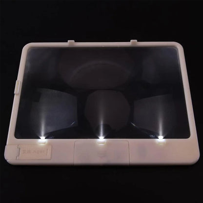 180x140mm magnifying glass with LED reading light showing 3x magnification and desktop/handheld design