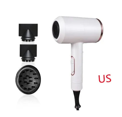 Black hotel hair dryer with 2.5m cable, concentrator nozzle, and multiple international plug adapters