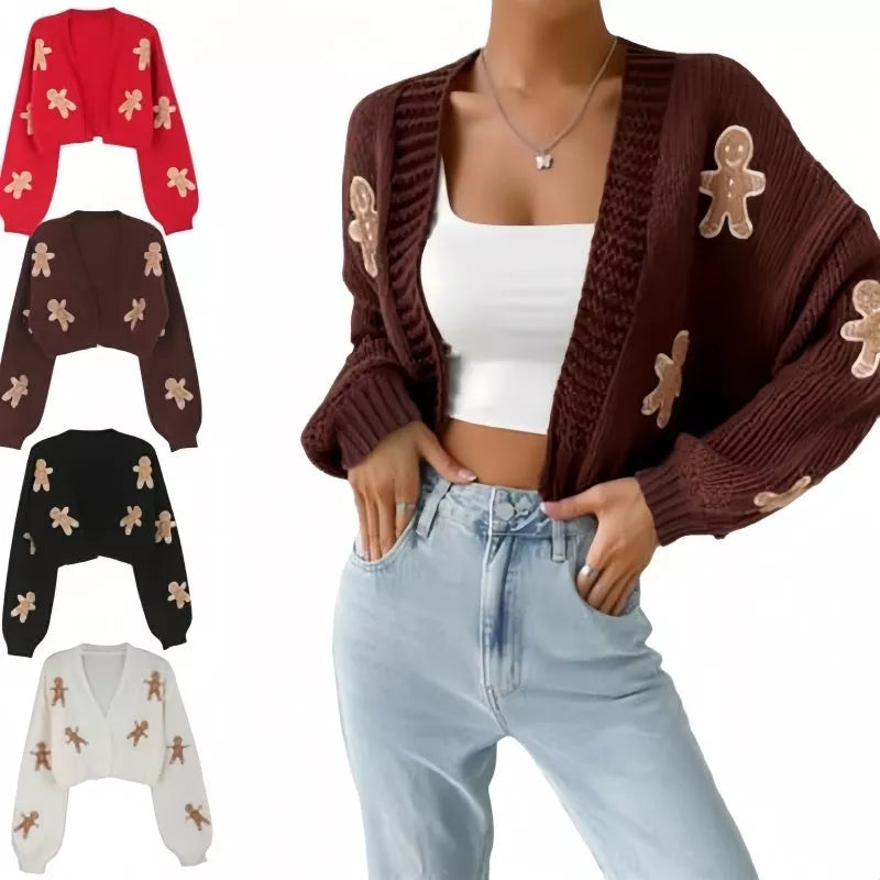 V-neck gingerbread man pattern knitted sweater in select colors