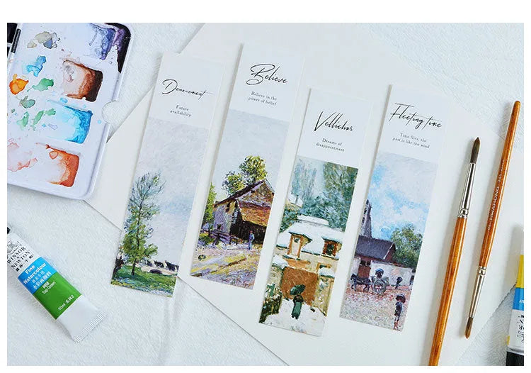 Pack of 30 white cardboard bookmarks with four artistic designs, measuring 40 by 150 millimetres.