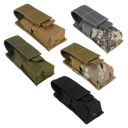 Black MOLLE tactical pouch with elastic cord closure, sized to hold a pistol magazine and small flashlight.