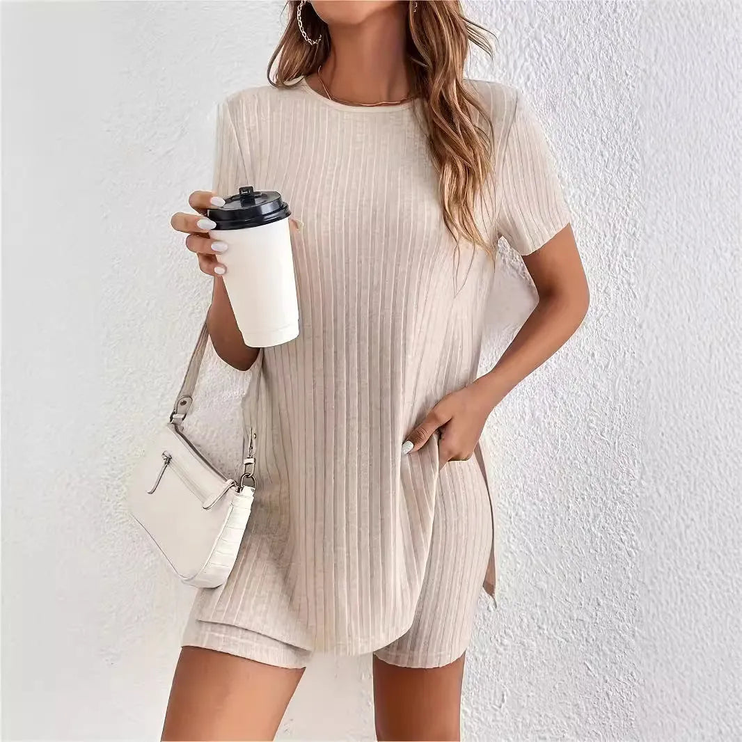 Women's cotton crew neck short sleeve shorts suit in black, grey or khaki with ribbed texture details