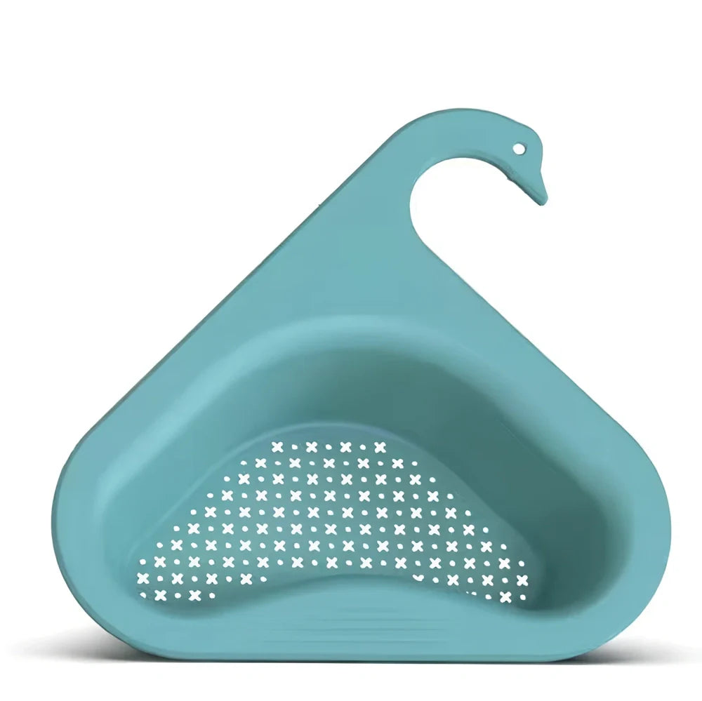 Yellow swan-shaped plastic kitchen drainer basket with drainage holes on kitchen counter